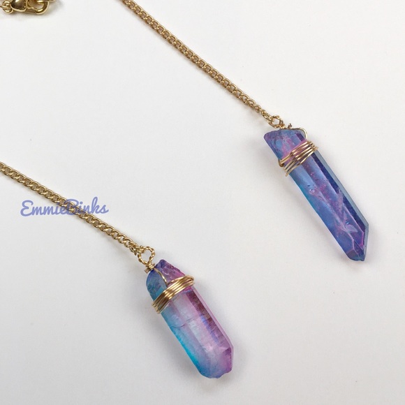 New Rainbow Aura Crystal Quartz Lariat Dual Copper Chain Necklace | Y Shape - Picture 7 of 15